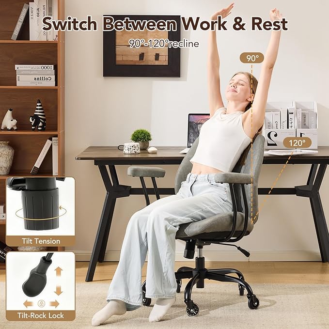 YFO Modern Ergonomic Office Desk Chair, Grey Leather with Lumbar Support, Adjustable Height, Swivel, Armrests, for Office, Gaming, Reading, Relaxing