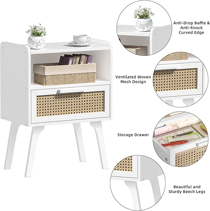 Lerliuo Rattan Nightstand, Bedside Table with Drawer Open Shelf, Cane Accent Side End Table with Solid Wood Legs, White Mid Century Night Stand for Bedroom, Dorm and Small Spaces