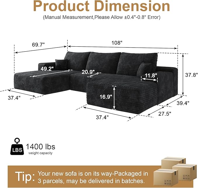 108" Sectional Couches for Living Room Modern Modular Sofa with L-Shape Couchs Upholstered Boneless Couch Deep Seat Sectional Couch with Chaise (Black, Left Facing Chaise+2Seaters+1Ottoman)