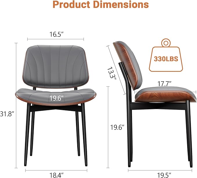 Dining Chairs Set of 6, Dining Room and Kitchen Chairs, Mid Century Modern Accent Chair, Upholstered PU Leather Chairs for Vanity with Walnut Bentwood and Metal Legs, Gray