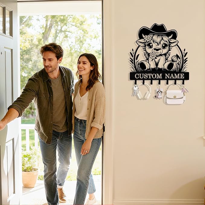 Personalized Key Holder Wall Mount, Custom Metal Highland Cow Keys Holder for Wall with Name, Wall Key Hanger Rack with Hooks for Entryway, Front Door, Living Room, Kitchen, Bathroom, Garden