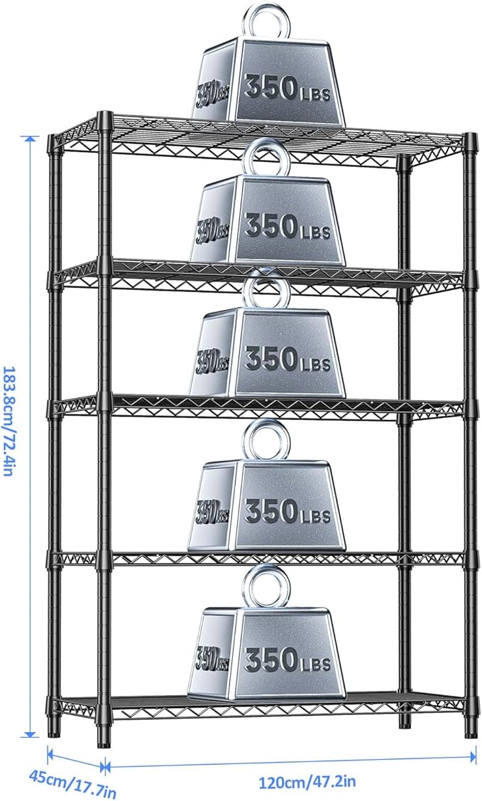 IZEUK 5-Tier Heavy Duty Metal Storage Shelving Unit (Black, 17.7" D x 47.2" W x 72.3" H, 1750 lbs Capacity), Adjustable Steel Wire Rack Shelf Organizer for Garage, Kitchen, Basement, Laundry, Office