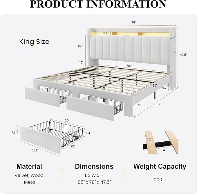 SHA CERLIN Velvet King Size Bed Frame with Vertical Channel Tufted Wingback Headboard & 2 Storage Drawers/2-Tier Shelves with LED Lights & Charging Station/Noise-Free/No Box Spring Needed/White