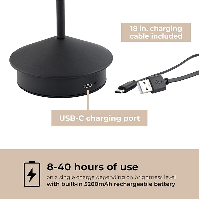 Orbit LED Cordless USB-C Re-Chargeable Desk Lamp, 5200mAh Battery Operated with 3 Color Temperature 2700K-3000K-3500K and Fingertip Touch On/Off Plus Dimming in Black (Pack of 2)