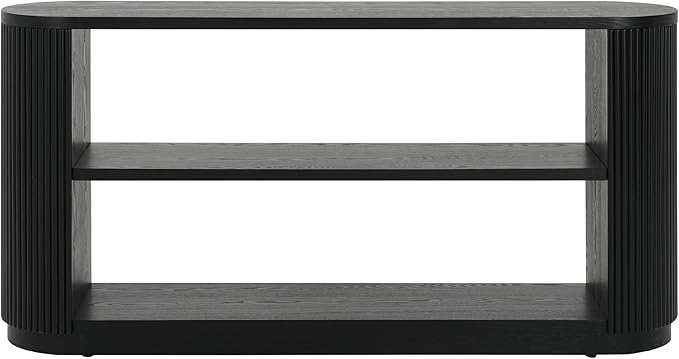 Modern Curved Console Table for Entryway, Farmhouse Solid Wood Fluted Sofa Table with Open Shelf & Elegant Wood Grain, Oval Long Foyer Table for Entry Way Hallway Living Room-58.9" Black