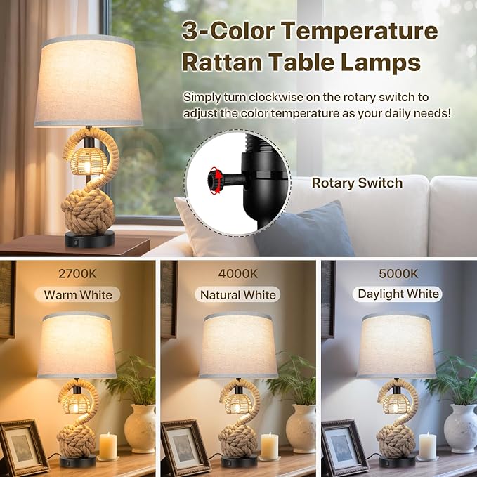 22" Rope Lamps for Night Stands, Dual-Lights Bedside Lamps Set of 2, Boho Table Lamps for Living Room, 3-Color Temperatures Boho Lamp with Rotary Switch, Rattan Lamp with USB Ports, 4 Bulbs Included