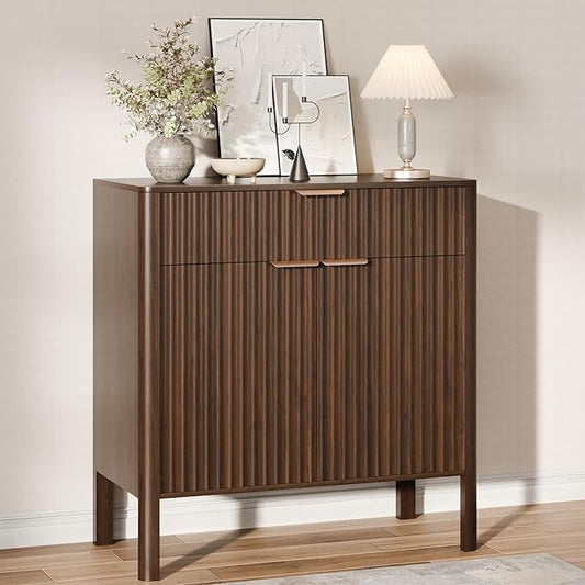 Sideboard Buffet Cabinet with Storage - Modern Fluted Credenza with Doors & Drawer, Accent Cabinet Coffee Table Bar Counter Bookcase for Living Room Kitchen Dining Room Entryway 31" H Walnut