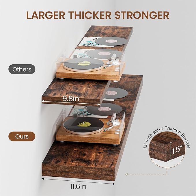 Heimlove 48W x 12D Long Floating Shelf, 12 Inch Deep Floating Shelves for Wall Set of 2, Wood Shelves for Bedroom Living Room Bathroom Kitchen Home Office, Rustic Brown