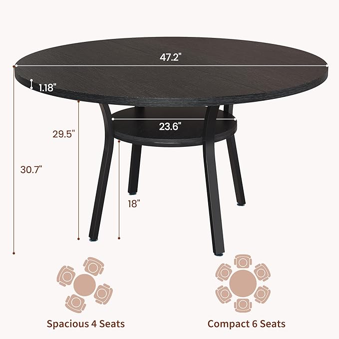 Garvee 47'' Round Dining Table for 4-6 People, Farmhouse Kitchen Dining Table, Round Dinner Table with Storage Shelf for Kitchen, Living Room (Table Only), Black