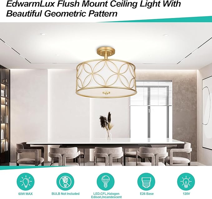 3-Light Semi Flush Mount Ceiling Light, 16" Drum Light with Fabric Shade, Modern Close to Ceiling Lamp for Living Room Bedroom Dining Room Kitchen Hallway Entry Foyer (Gold)
