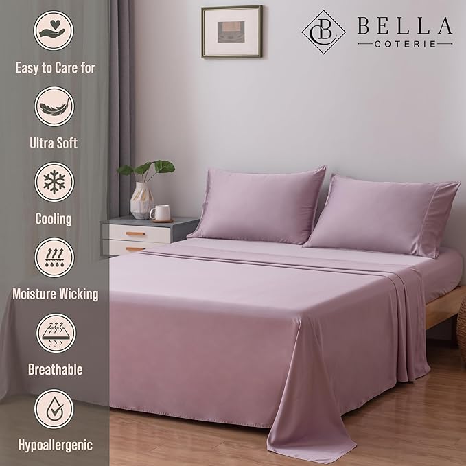 Bella Coterie Luxury Bamboo Viscose Twin Size Sheet Set | 100% Organically Grown | Ultra Soft | Cooling for Hot Sleepers | 18" Deep Pocket [Lilac]
