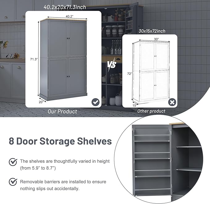 Merax 71.3" Tall Kitchen Storage Cabinet Pantry Wood Freestanding Large Cupboard with 2 Drawers,2 Adjustable Shelves,8 Door-Shelf for Dining Room,Grey
