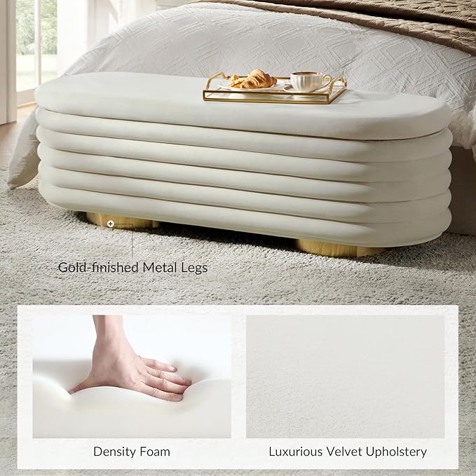 HULALA HOME Velvet Storage Bench, Large Upholstered Ottoman with Button Tufted Design for Living Room, Bedroom, Entryway, or Window, End of Bed Bench with Shoe Storage, Modern Home Decor, Ivory