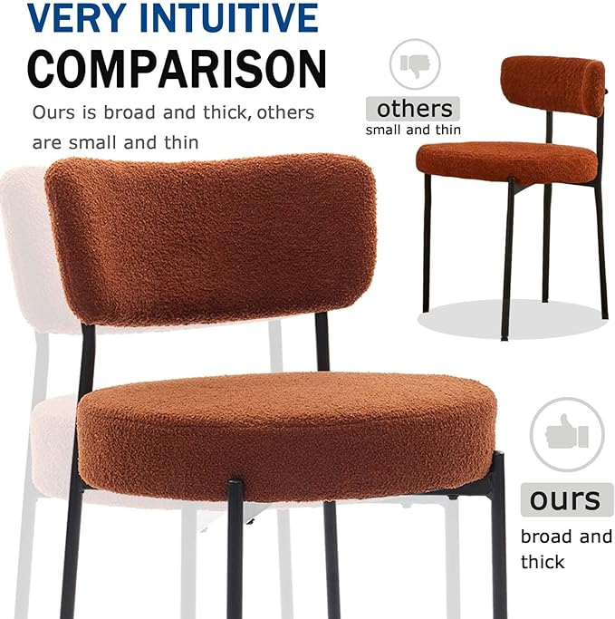 Brown Boucle Dining Chairs Set of 6, Upholstered Dinner Chair with Metal Frame, Dining Room Chairs with Padded Seat, Round Modern Seating for Living Room