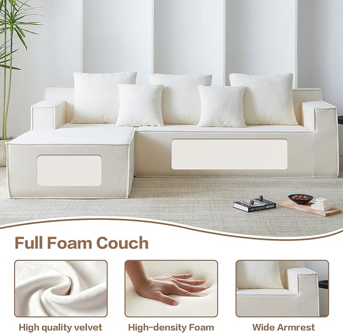 Boneless Couch, Memory Foam Couch in a Box, 101" Modular Sectional Couches Velvet Fabric, Modern Sofa with Deep Seat, Compressed Sofa for Living Room, Bedroom