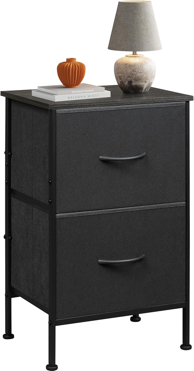 WLIVE Night Stand, Small Dresser with 2 Drawers & Wooden Top, Nightstand with Fabric Bins, Bedside Table End Table for Bedroom, Closet, Entryway, College Dorm, Black
