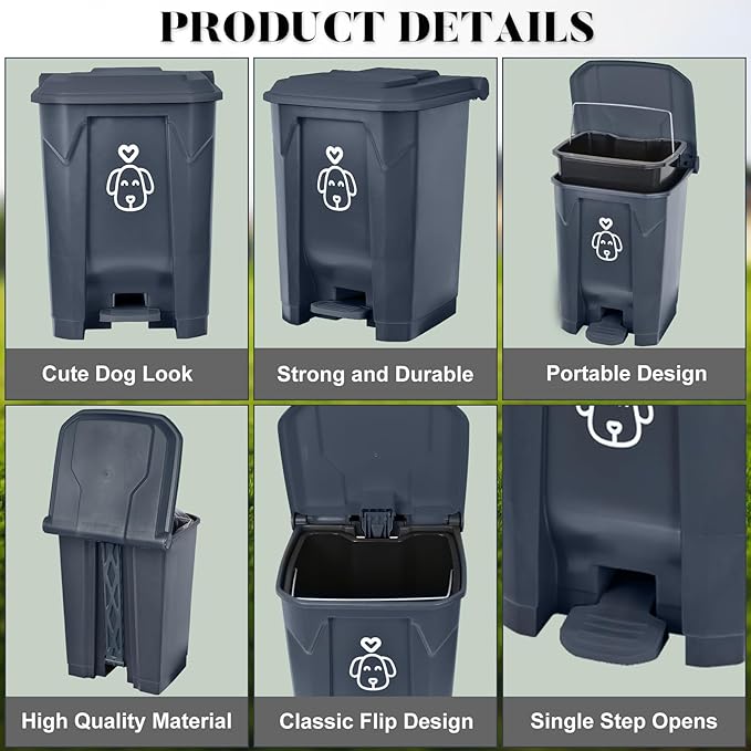 Outdoors Dog Poop Trash Can with Lid & 290PCS Waste Bags, Cute Dog Waste Trash Can for Dog Poop, Yard, Home, Garden, Kitchen, 15 Litre Grey Step with Removable Inner Bin, AG