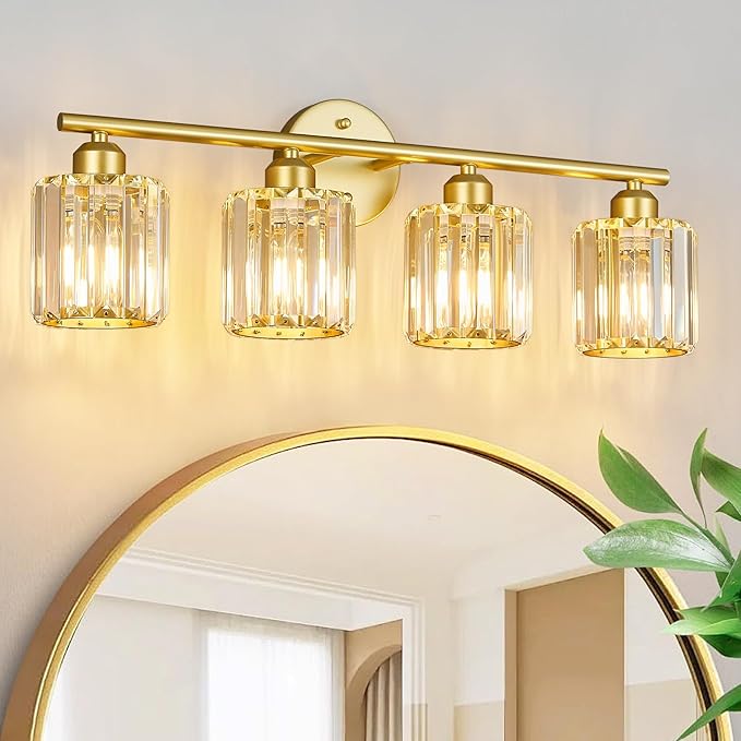 Modern 4 Light Crystal Vanity Light, Gold Vertical Bathroom Light Fixture Over Mirror for Dressing Table Sink, Compatible with Dimmable Bulbs (Bulbs Not Included)