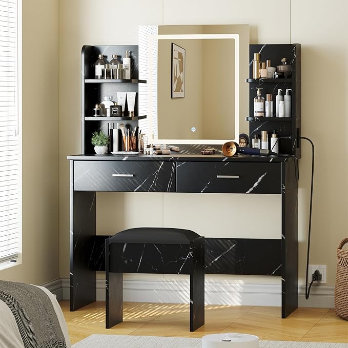 GAOMON Makeup Vanity Desk with Lights and Mirror, Vanity Table with 3 Lighting Modes, Storage Drawer, Shelves, Charging Station and Included Stool for Bedroom, Marble Black