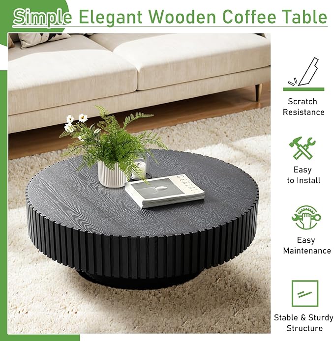 Round Coffee Table for Living Room, 31.5'' Modern Handcraft Drum Coffee Table Unique Fluted Coffee Tables Wood Center Table End Table for Small Space, Farmhouse Apartment Office (Round Black)