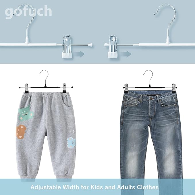 Pants Hangers with Clips - 8 Pack Heavy Duty, Non-Slip Adjustable Space Saving Skirt Hangers for Pants, Jeans, Shorts | White | 12 Inch