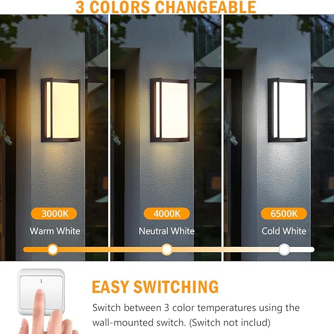 wowlite Modern Outdoor Wall Lights 2 Pack, LED Outdoor Porch Lights 3 Colors Changeable, Matte Black Exterior Light Fixture Wall Mount, IP65 Waterproof Outside Light Fixtures for Porch Front Door