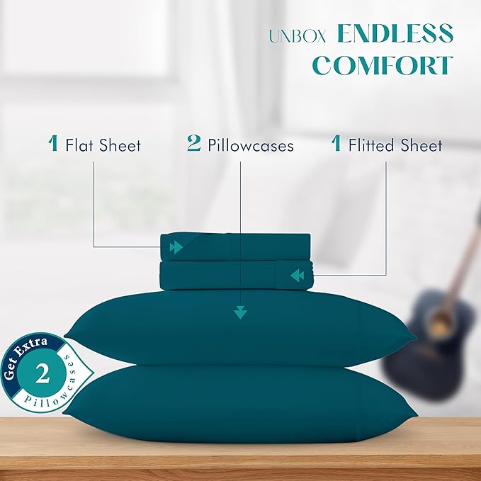 XOOX Linen 100% Egyptian Cotton Queen Sheet Set - Luxury 1200 High Thread Count Egyptian Cotton Sheets Queen Size (4 PC, Teal), Silky Soft, Cooling, 17" Deep Pocket Sateen Weave Hotel Bedding