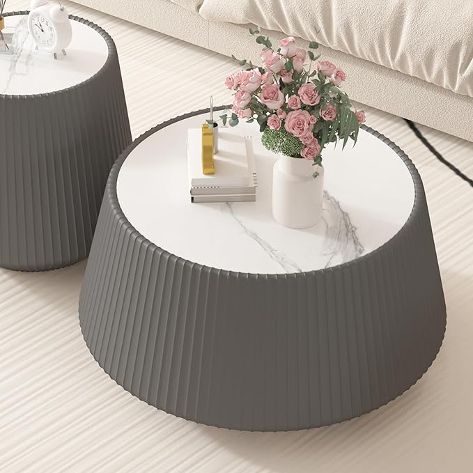 Round Coffee Table Set with Sintered Stone Tabletop, 26.77" Grey Drum Center Table and 19.68" Grey Coffee Table Set, 2 Pieces Living Room Table Set with Fluted PU Leather Cover& Stable Base