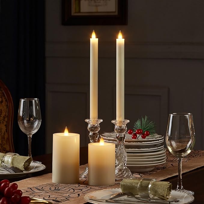 Flameless Taper Candles Flickering with Remote and Timer, 3D Moving Flame Taper Candle Battery Operated to 400 Hours, 9 Inch Window Candles, (Ivory)