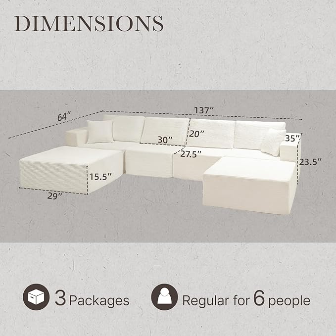 137” Modular Sectional Sofa Couch, 4-Seater U-Shape Sofa with Ottoman, Memory Foam Compressed Sofa, Free Combination Couch for Living Room,No Assembly Needed (White, 4 Seats+ 2 Ottoman)
