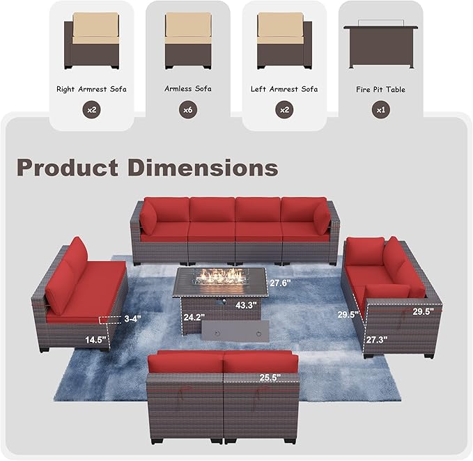 Kurapika 11 Pieces Patio Furniture Set, Rattan Wicker Outdoor Conversation Sets w/43in Propane Fire Pit Table and 4 Inch Cushion(Red)