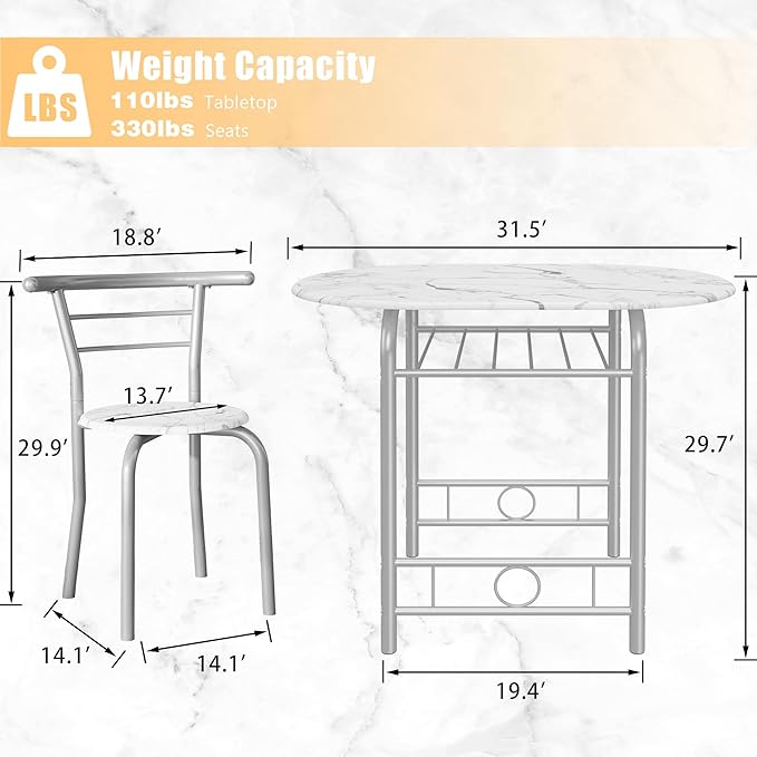 JUMMICO 3-Piece Wooden Round Table & Chair Set, Space Saving Kitchen Breakfast Nook Wood Grain Tabletop with Metal Frame and Built-in Wine Rack for Kitchen, Dining Room (White/Silver)