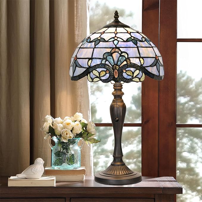 TL0015 Blue Baroque Tiffany Table Lamp Stained Glass Reading Desk Light 12 X 20 Inches for Bedroom Living Room, Handcrafted Artwork for Home Office, LED Bulb Included (Blue Baroque)