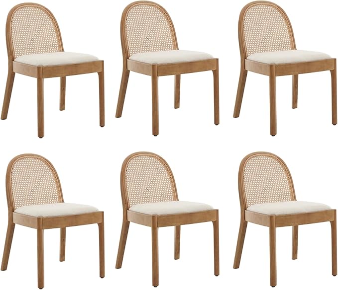HEAH-YO Rattan Dining Chairs Set of 6, Upholstered Sherpa Dining Room Chairs with Backrests, Modern Kitchen Chairs with Wood Legs for Dining Room, White