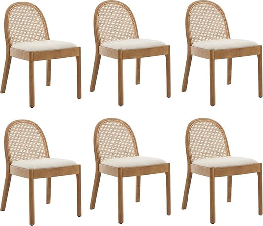 HEAH-YO Rattan Dining Chairs Set of 6, Upholstered Sherpa Dining Room Chairs with Backrests, Modern Kitchen Chairs with Wood Legs for Dining Room, White