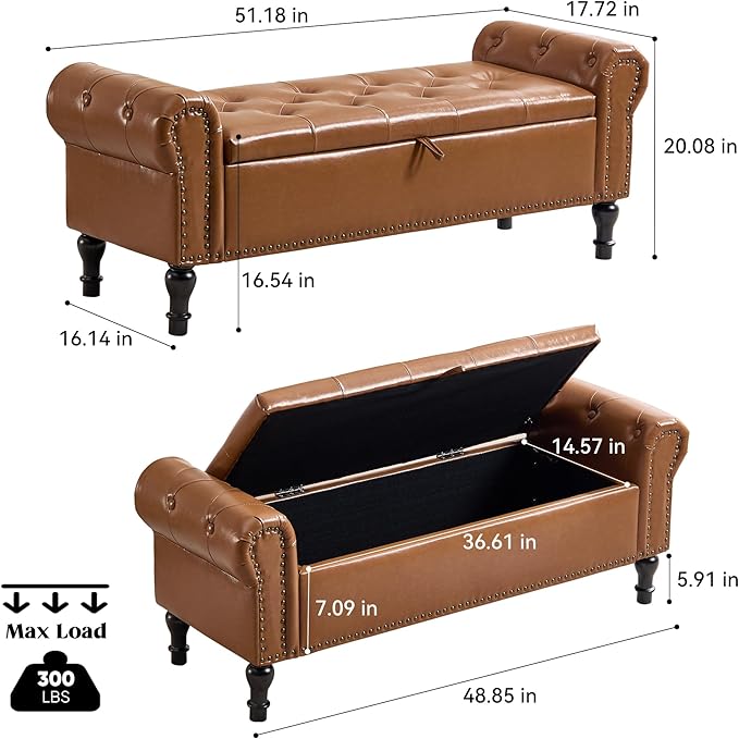 Storage Bench for Bedroom, 51" Upholstered End of Bed Bench, Faux Leather Queen Size Benches with Rolled Arms, Tufted Button Storage Long Ottoman, Living Room, Entryway, Brown