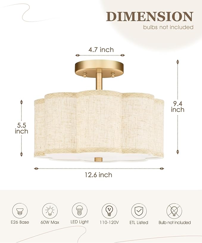 Gold Semi Flush Mount Ceiling Lights, 3-Light 12.5" Light Fixtures Ceiling Mount with Linen Fabric Drum Shade in Flower Shape for Nursery Hallway Bedroom Kitchen, AD-22007-3SF-GD-B