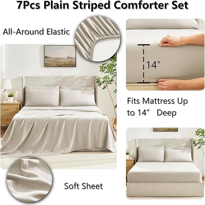 CozyLux Oversized King Comforter Sets Beige, 7 Pieces Bed in a Bag, Ultra-Soft All Season Bedding Sets with Stitch Quilted Comforter, Flat Sheet, Fitted Sheet, Pillowcases, Beige