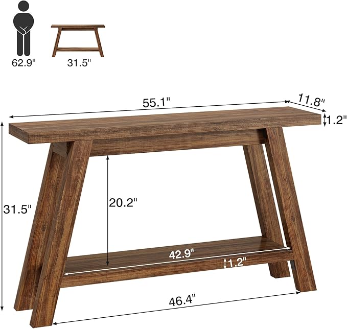 Console Table, 55-Inch Entryway Table with Storage 2-Tier Narrow Wood Console Table Behind Couch Sofa Tables for Living Room, Entryway, Hallway (Light Brown)