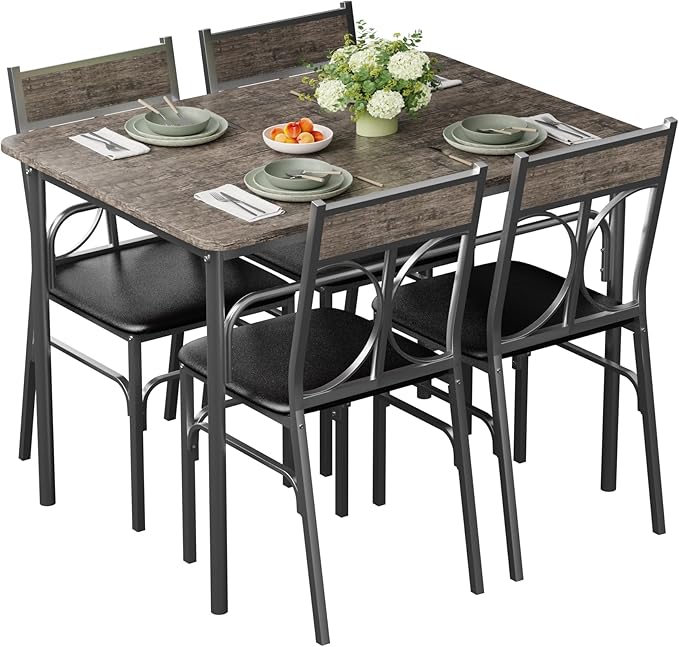 VECELO 5-Piece Dining Table Set for Home Kitchen Small Space Breakfast Nook, 4 Faux Leather Metal Frame Chairs, Brown,Set for 4