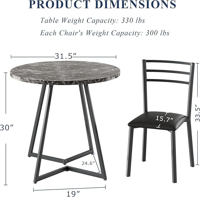 VECELO Small Round Dining Table Set for 2, Wood Tabletop with Strong Metal Frame, Modern Dinette with Chairs for Kitchen, Breakfast Nook Living Room, Faux Marbled & Grey