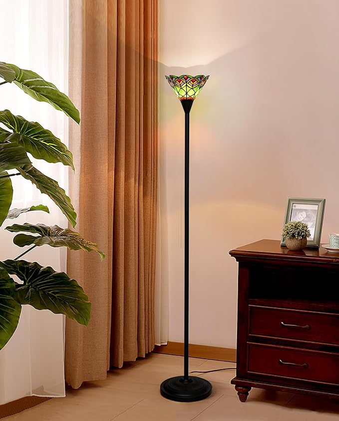 Tiffany Torchiere Floor Lamp Green Peacock Tail Style Stained Glass Floor Light Antique Tall Standing Lamp Handcrafted Pole Reading Uplight Lamp for Home Office Living Room