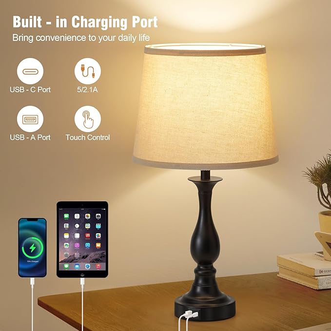 Bedside Table Lamp Touch Control Bedroom Lamps with USB A and C Charging Port 3 Way Dimmable Touch Lamps for Nightstand Living Room Bedroom Dorm Home Office Reading, Set of 2