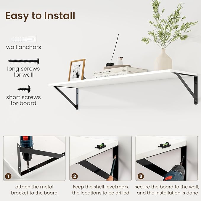 Fun Memories Deep Floating Shelves for Wall, 36W x 8D Wall Mounted Shelves Set of 2, Wide Display Ledge Shelf with Sturdy Metal Brackets for Living Room, Bathroom, Bedroom and Kitchen, White