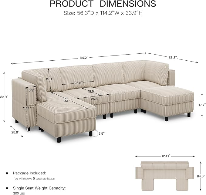 114.2" Modular Sectional Sofa with Deep Storage Seat,U Shaped Sectional Sofa Couch Convertible 6 Seater Corduroy Couch with Movable Ottoman,Upholstered Sectional Couches for Living Room,Beige