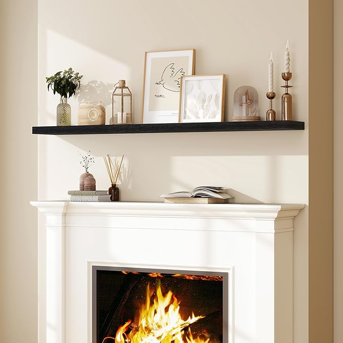 Fun Memories 66 Inch Fireplace Mantel Shelf with Invisible Bracket, 8 Inch Deep Floating Shelf for Living Room, Kitchen, Farmhouse, Black