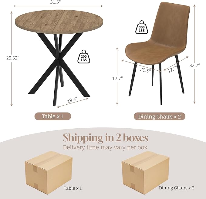 31.5" Round Dining Table and Chairs Set for 2, Small Dining Table Chairs Set Space-Saving, Round Table Set with Upholstered Chairs for Kitchen Dining Room Apartment(Natural + Brown)