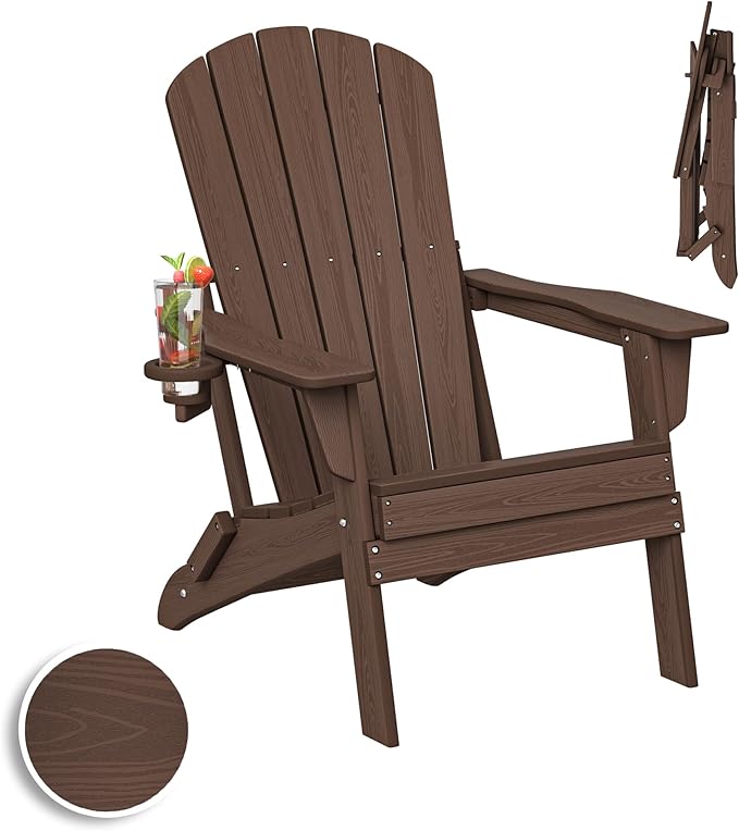 Plawdlik Folding Adirondack Chair, SGS Tested, Wooden Textured with Cup Holder, Heavy All-Weather HDPE Comfortable Set Poolside Backyard Lawn Coffee