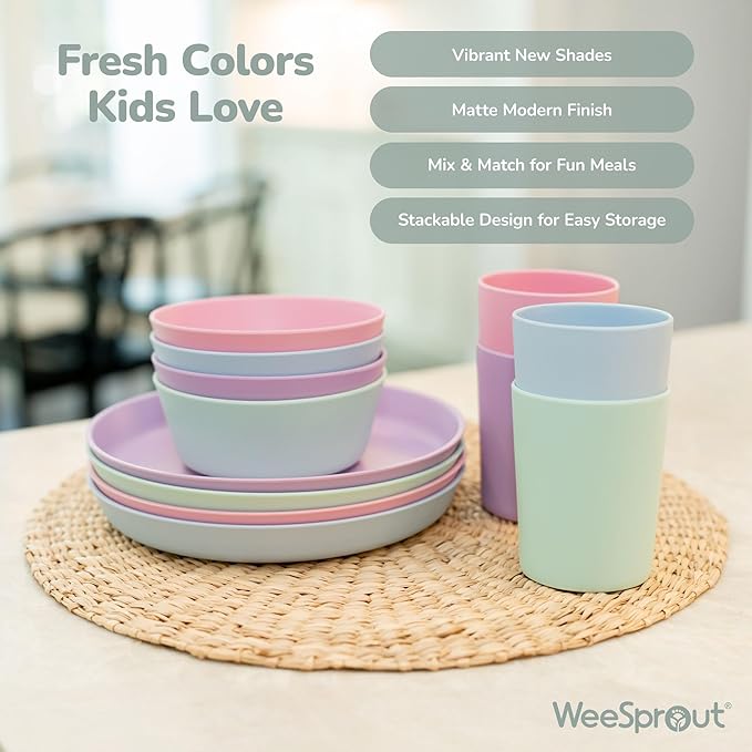 WeeSprout Bamboo Plates with Silicone Lids, Set of 4, Kid-Sized Dinnerware, Cereal, Leftovers & Snacks, Dishwasher Safe Melamine Dishware (Pink, Green, Gray, and Beige)