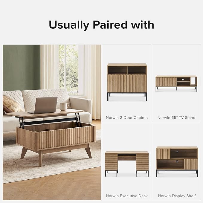 mopio Brooklyn Coffee Table, Lift Top Coffee Tables for Living Room, Mid Century, Modern Farmhouse Center Table with Lifting Top & Hidden Storage, Fluted Panel, Rising Pull Up (Oak Fluted)